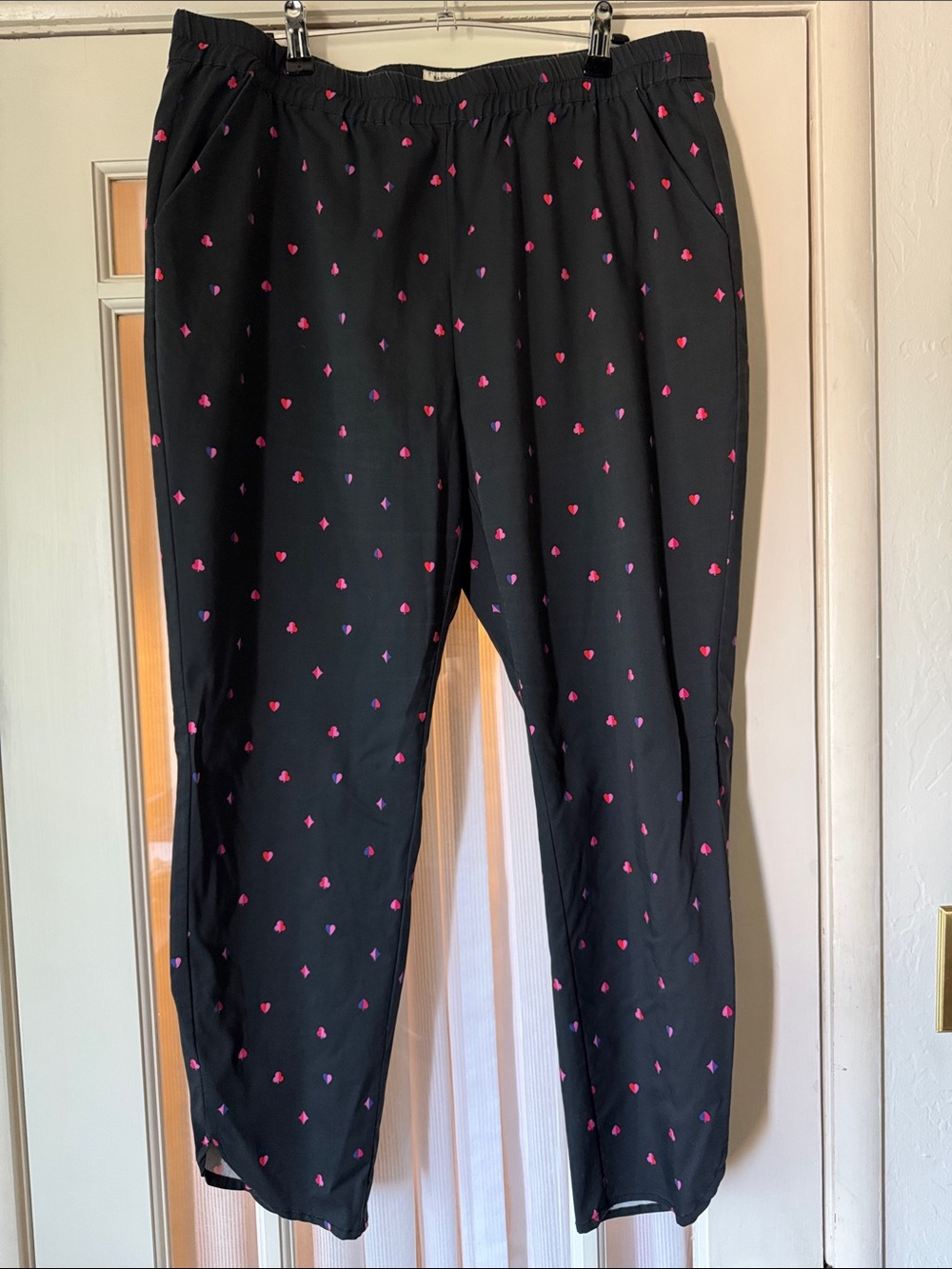 Black Marine Layer Pants with Pink & Purple Heart, Spade, Club, Diamond Print